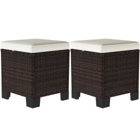 2 Pieces Wicker Outdoor Ottomans with Cushions, Rattan Ottoman Footrest & Side Table for Patio Yard Poolside, Beige
