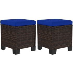 2 Pieces Wicker Outdoor Ottomans with Cushions, Rattan Ottoman Footrest & Side Table for Patio Yard Poolside, Dark Blue