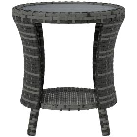 18" Wicker Outdoor Coffee Table, PE Rattan Patio Side Table with 2-Tier Storage, Composite Wood Top, Gray
