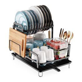 2-Tier Dish Drying Rack for Kitchen Counter Space Saving Rustproof Dish Rack with Drainboard Detachable Kitchen Drainer Organizer Set with Utensi