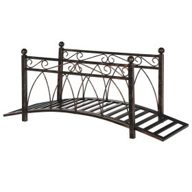3.3' Metal Arch Zen Garden Bridge with Safety Siderails, Decorative Footbridge, Delicate Scrollwork & Corner Spheres for Stream, Fish Pond, Bronz
