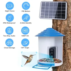 Smart Bird Feeder With Solar Powered Camera 1080P HD AI Identify PIR Motion Auto Capture Video Cloud Card Storage WiFi Connection App Control IP6 (Option: BirdFeederCamera)