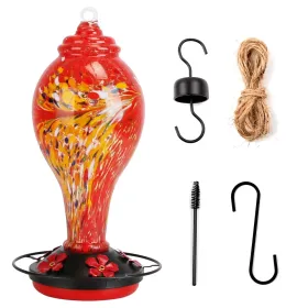 Glass Hummingbird Feeder 33OZ Hand Blown Hummingbird Feeder With 5 Flower Feeding Port Perch Ant Moat Hanging Hook S Hook Hemp Rope Cleaning Brus (Option: Red)